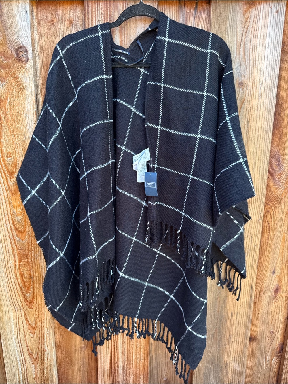 Abercrombie & Fitch Black Windowpane Fringe Poncho